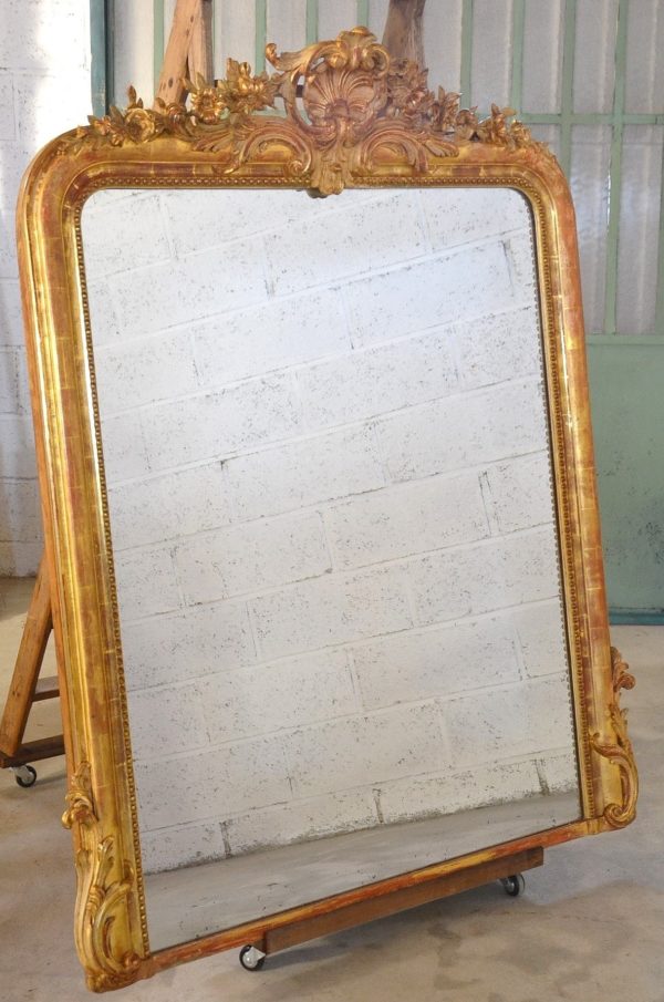 miroir ancien glace mercure doré or louis philippe fronton bois stuc fleurs ruban acanthe 19ème xixème salle des ventes rennes estimation drouot