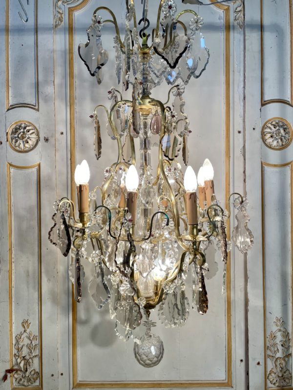 Lustre cage bronze cristal Louis XV pendeloques